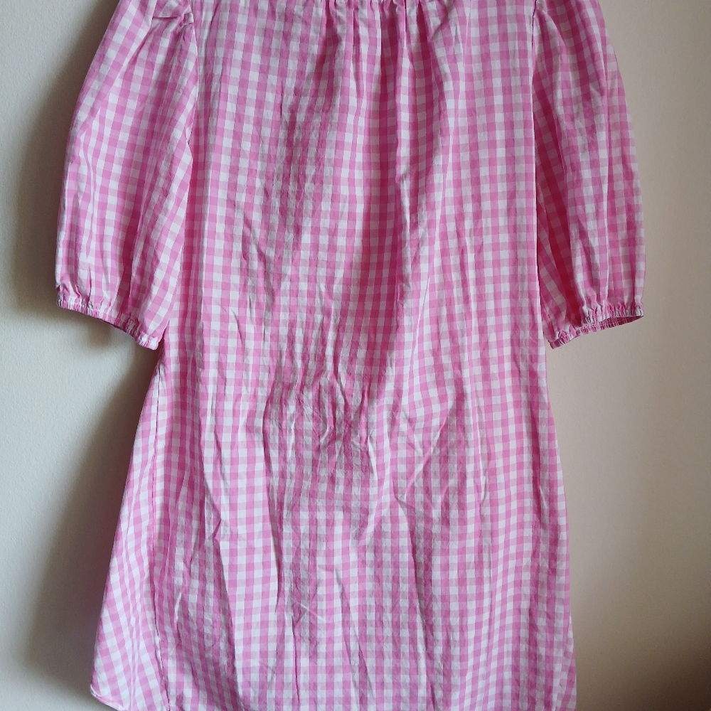Fashion- Pink Gingham Elbow Sleeves with Wrap  Waist Front/Side Tie Dress - Picture 2 of 11